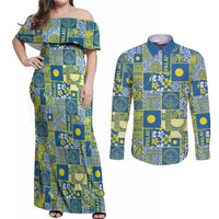 Palau Ungil Kurismas Couples Matching Off Shoulder Maxi Dress and Long Sleeve Button Shirt Pacific Patchwork Xmas Vibes LT9 Green - Polynesian Pride