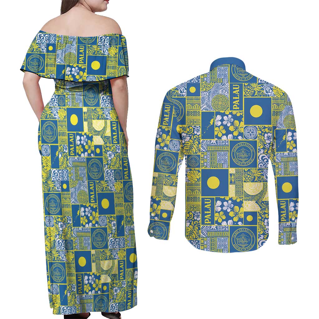 Palau Ungil Kurismas Couples Matching Off Shoulder Maxi Dress and Long Sleeve Button Shirt Pacific Patchwork Xmas Vibes LT9 - Polynesian Pride