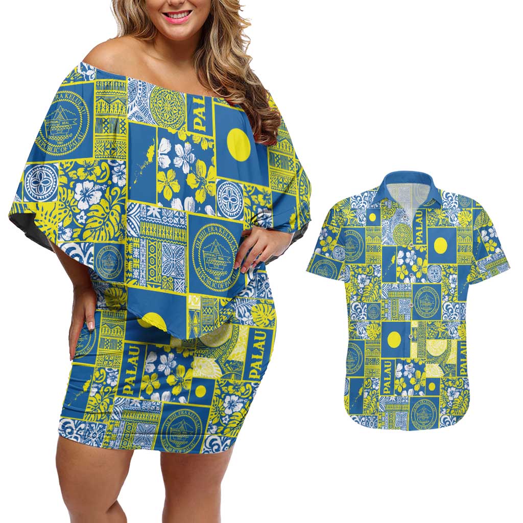 Palau Ungil Kurismas Couples Matching Off Shoulder Short Dress and Hawaiian Shirt Pacific Patchwork Xmas Vibes LT9 Green - Polynesian Pride