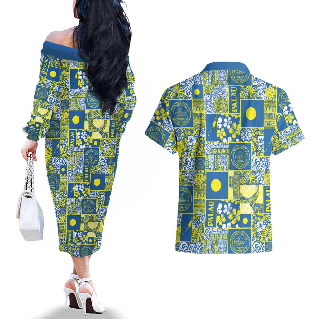 Palau Ungil Kurismas Couples Matching Off The Shoulder Long Sleeve Dress and Hawaiian Shirt Pacific Patchwork Xmas Vibes - Polynesian Pride