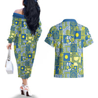 Palau Ungil Kurismas Couples Matching Off The Shoulder Long Sleeve Dress and Hawaiian Shirt Pacific Patchwork Xmas Vibes - Polynesian Pride