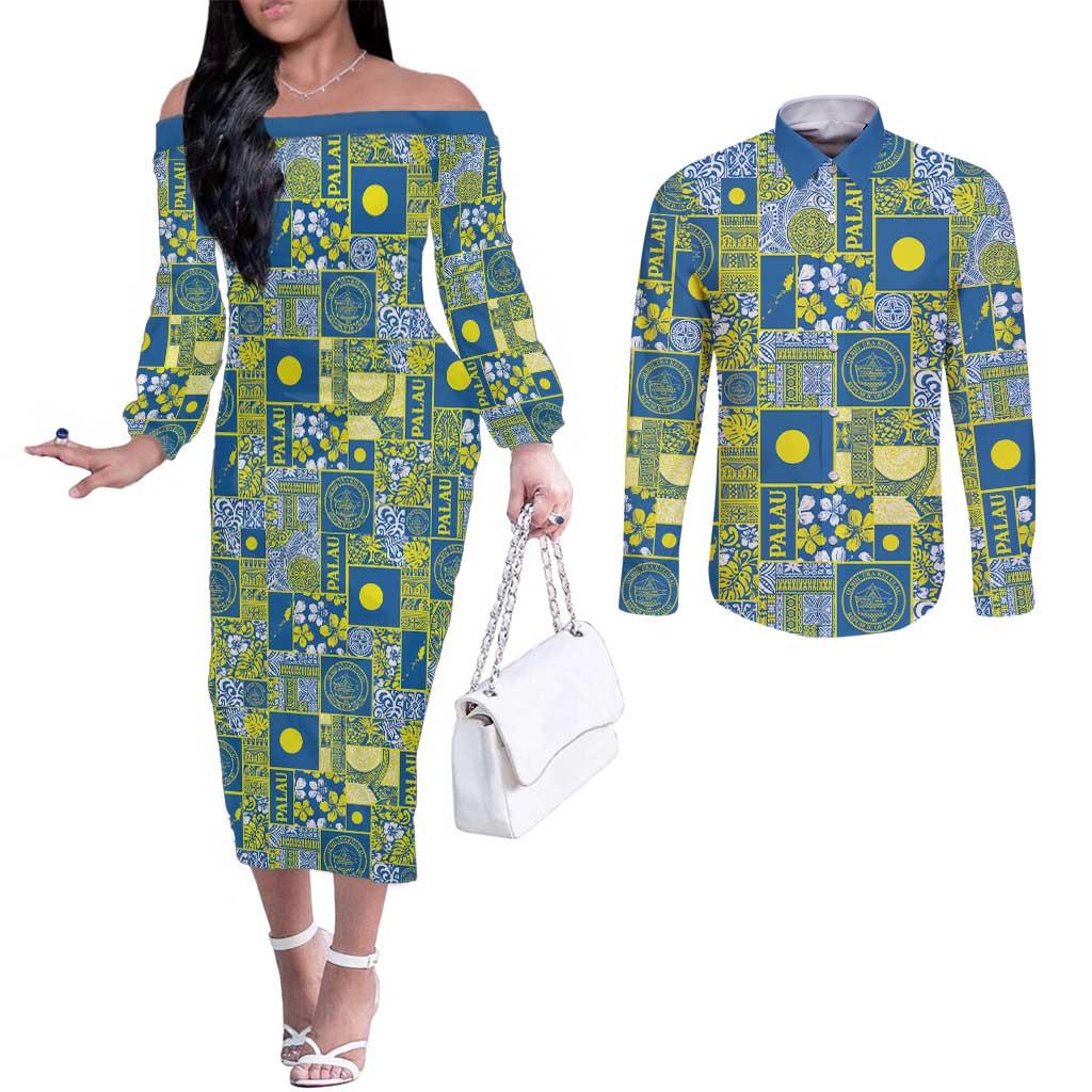 Palau Ungil Kurismas Couples Matching Off The Shoulder Long Sleeve Dress and Long Sleeve Button Shirt Pacific Patchwork Xmas Vibes LT9 Green - Polynesian Pride