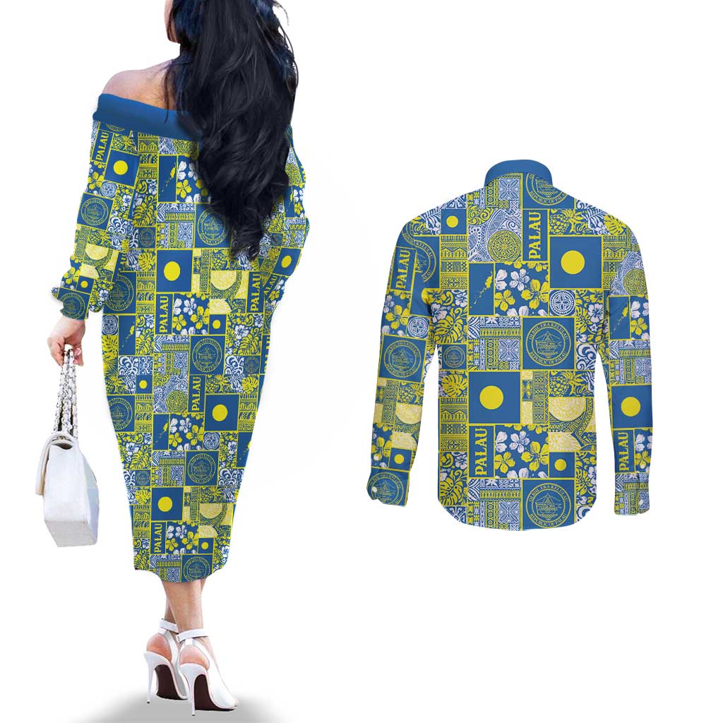 Palau Ungil Kurismas Couples Matching Off The Shoulder Long Sleeve Dress and Long Sleeve Button Shirt Pacific Patchwork Xmas Vibes - Polynesian Pride