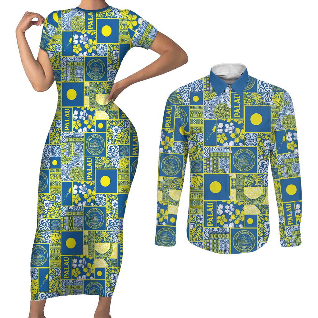 Palau Ungil Kurismas Couples Matching Short Sleeve Bodycon Dress and Long Sleeve Button Shirt Pacific Patchwork Xmas Vibes LT9 Green - Polynesian Pride
