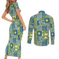 Palau Ungil Kurismas Couples Matching Short Sleeve Bodycon Dress and Long Sleeve Button Shirt Pacific Patchwork Xmas Vibes - Polynesian Pride