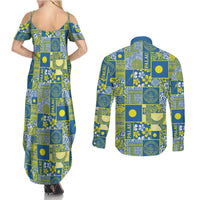 Palau Ungil Kurismas Couples Matching Summer Maxi Dress and Long Sleeve Button Shirt Pacific Patchwork Xmas Vibes - Polynesian Pride