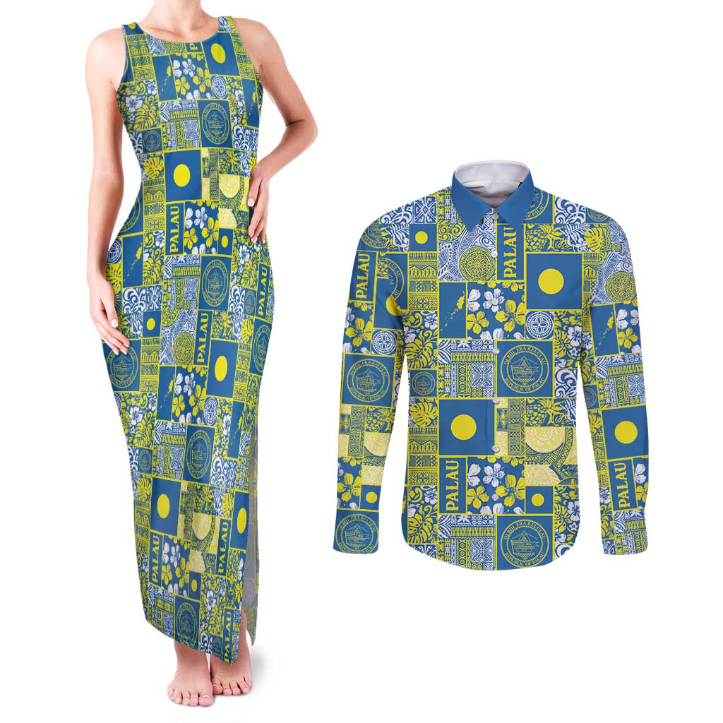 Palau Ungil Kurismas Couples Matching Tank Maxi Dress and Long Sleeve Button Shirt Pacific Patchwork Xmas Vibes - Polynesian Pride