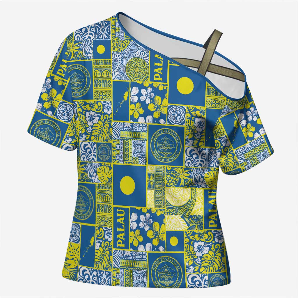 Palau Ungil Kurismas Cross Shoulder Shirt Pacific Patchwork Xmas Vibes LT9 Female Green - Polynesian Pride