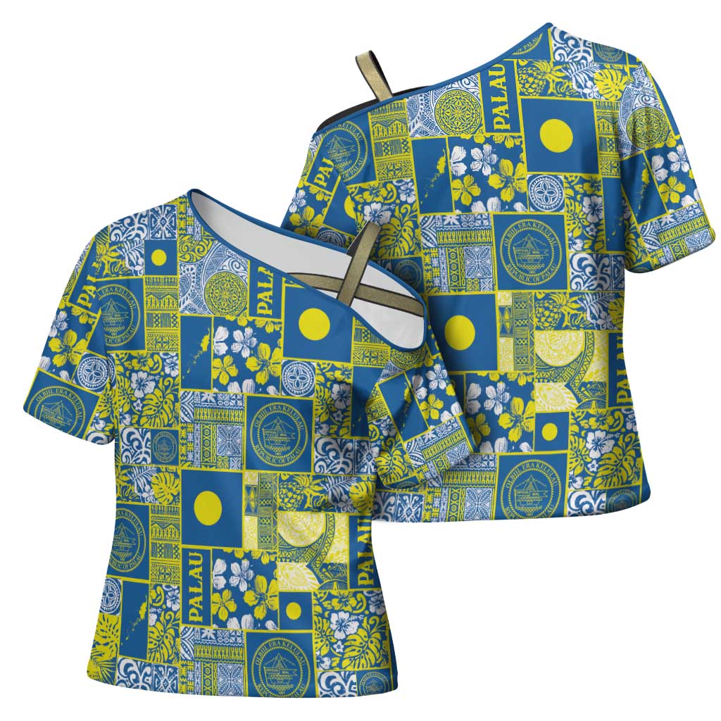 Palau Ungil Kurismas Cross Shoulder Shirt Pacific Patchwork Xmas Vibes LT9 - Polynesian Pride