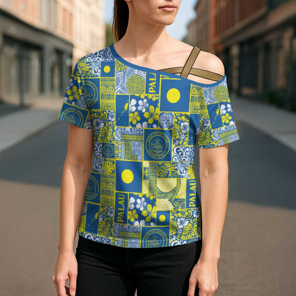 Palau Ungil Kurismas Cross Shoulder Shirt Pacific Patchwork Xmas Vibes LT9 - Polynesian Pride