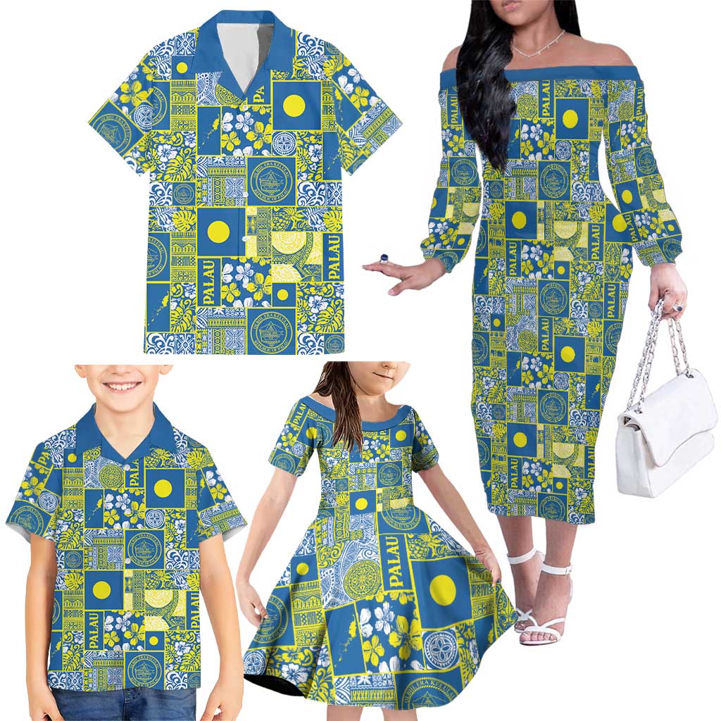Palau Ungil Kurismas Family Matching Off The Shoulder Long Sleeve Dress and Hawaiian Shirt Pacific Patchwork Xmas Vibes - Polynesian Pride