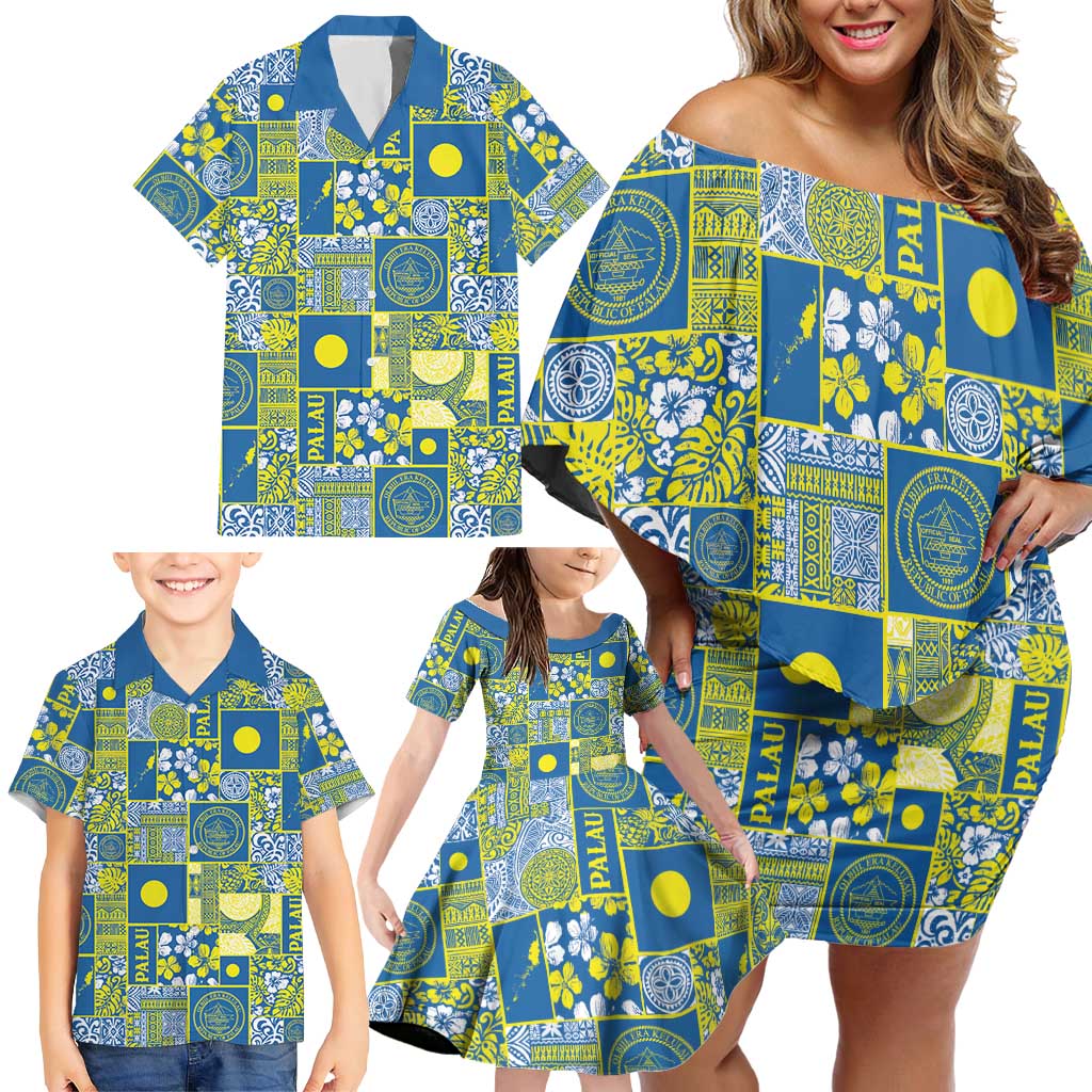 Palau Ungil Kurismas Family Matching Off Shoulder Short Dress and Hawaiian Shirt Pacific Patchwork Xmas Vibes - Polynesian Pride