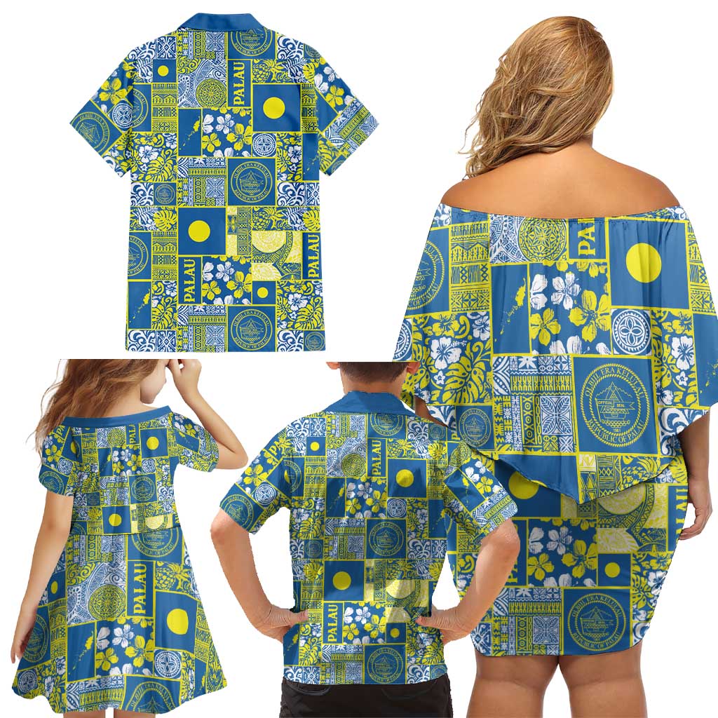 Palau Ungil Kurismas Family Matching Off Shoulder Short Dress and Hawaiian Shirt Pacific Patchwork Xmas Vibes - Polynesian Pride