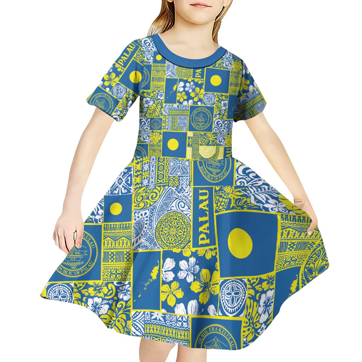 Palau Ungil Kurismas Kid Short Sleeve Dress Pacific Patchwork Xmas Vibes - Polynesian Pride