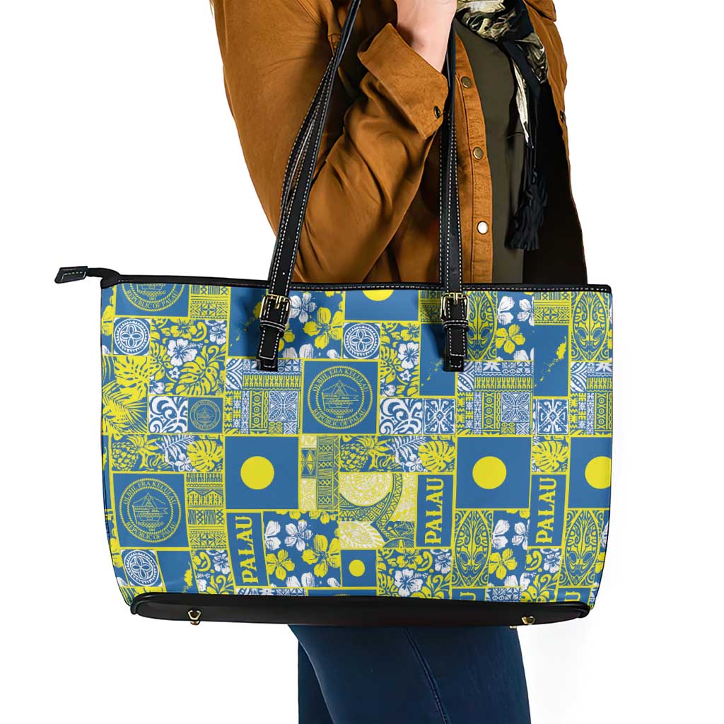 Palau Ungil Kurismas Leather Tote Bag Pacific Patchwork Xmas Vibes - Polynesian Pride