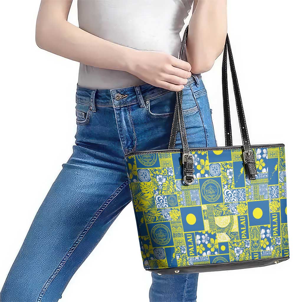 Palau Ungil Kurismas Leather Tote Bag Pacific Patchwork Xmas Vibes - Polynesian Pride