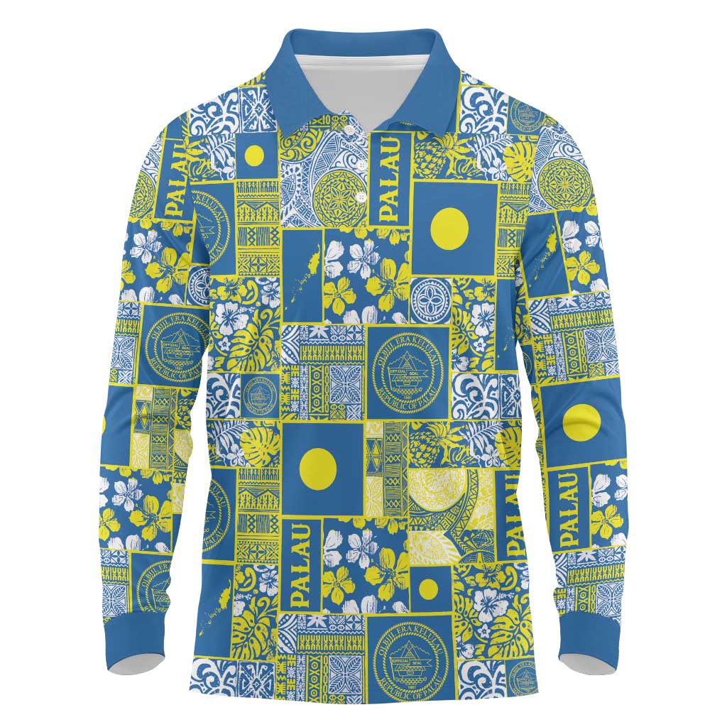 Palau Ungil Kurismas Long Sleeve Polo Shirt Pacific Patchwork Xmas Vibes LT9 Green - Polynesian Pride