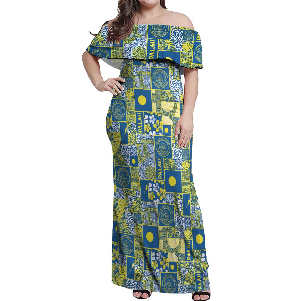 Palau Ungil Kurismas Off Shoulder Maxi Dress Pacific Patchwork Xmas Vibes LT9 Women Green - Polynesian Pride
