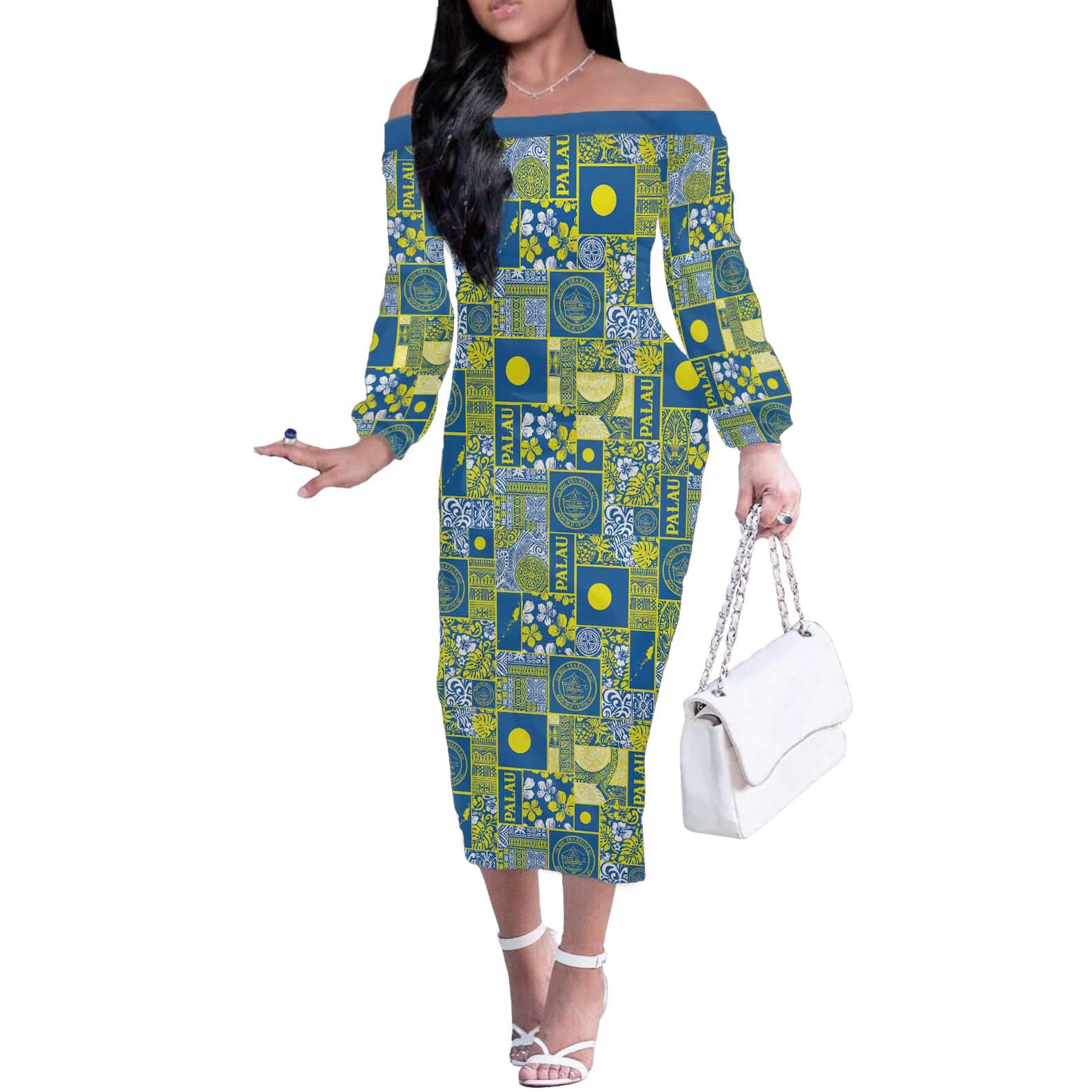 Palau Ungil Kurismas Off The Shoulder Long Sleeve Dress Pacific Patchwork Xmas Vibes LT9 Women Green - Polynesian Pride