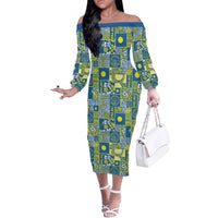 Palau Ungil Kurismas Off The Shoulder Long Sleeve Dress Pacific Patchwork Xmas Vibes LT9 Women Green - Polynesian Pride