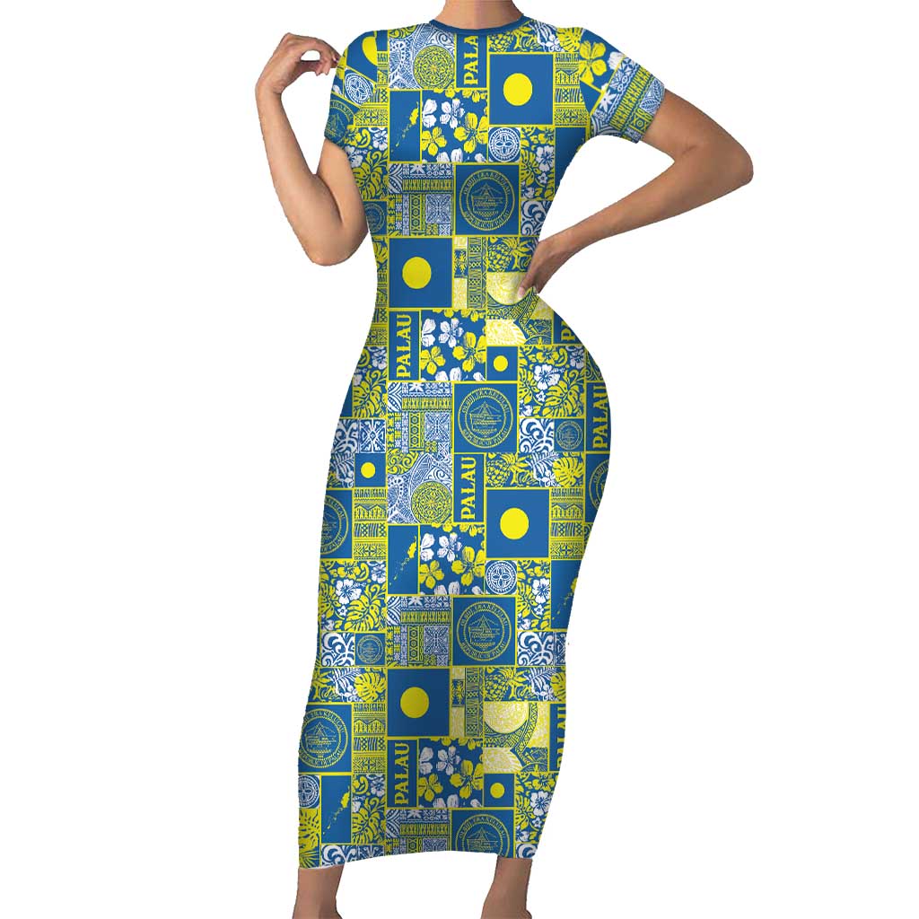 Palau Ungil Kurismas Short Sleeve Bodycon Dress Pacific Patchwork Xmas Vibes - Polynesian Pride