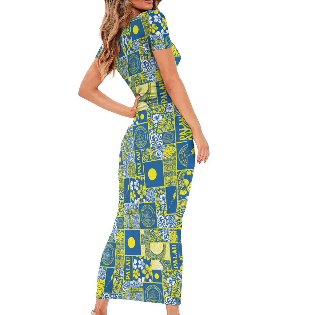 Palau Ungil Kurismas Short Sleeve Bodycon Dress Pacific Patchwork Xmas Vibes - Polynesian Pride