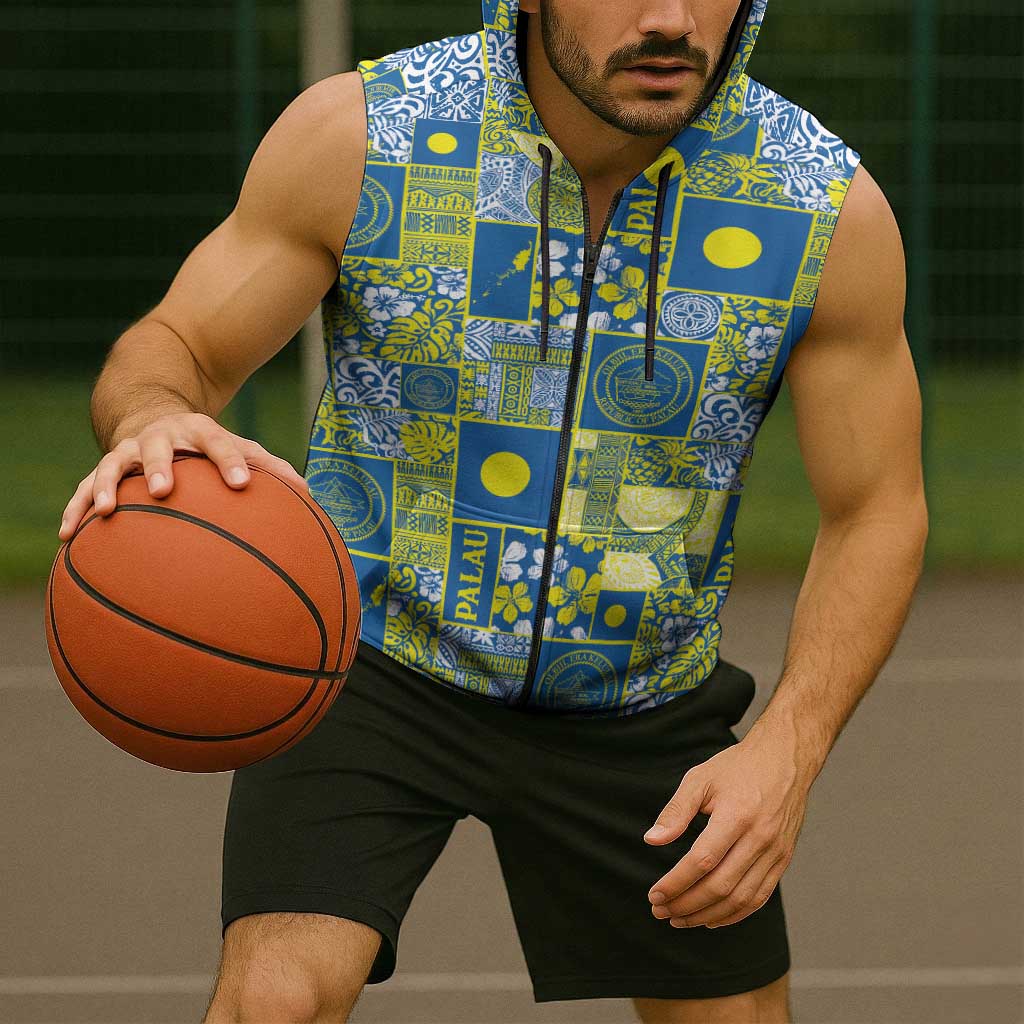 Palau Ungil Kurismas Sleeveless Zip Hoodie Pacific Patchwork Xmas Vibes - Polynesian Pride