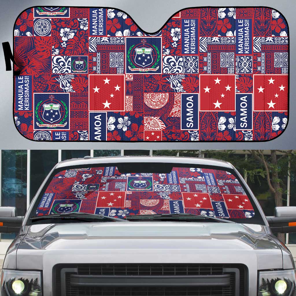 Red Samoa Manuia Le Kerisimasi Auto Sun Shade Pacific Patchwork Xmas Vibes LT9 Red - Polynesian Pride