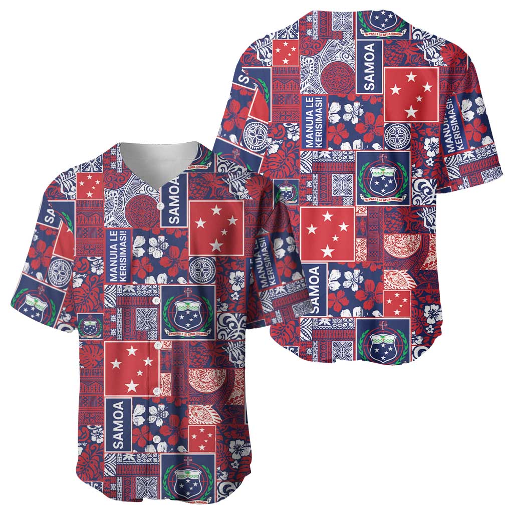 Red Samoa Manuia Le Kerisimasi Baseball Jersey Pacific Patchwork Xmas Vibes - Polynesian Pride