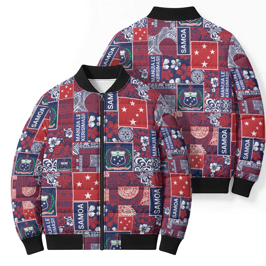 Red Samoa Manuia Le Kerisimasi Bomber Puffer Jacket Pacific Patchwork Xmas Vibes - Polynesian Pride