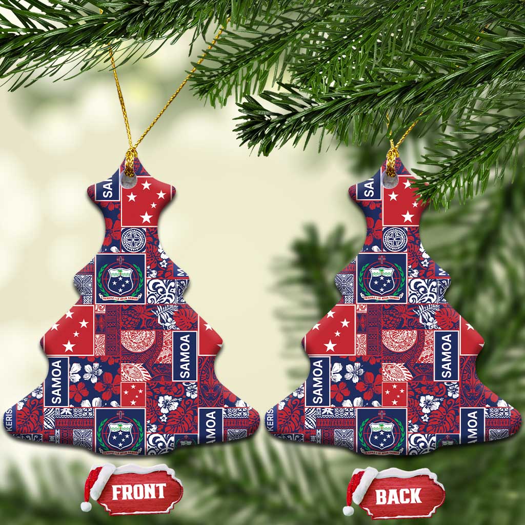Red Samoa Manuia Le Kerisimasi Ceramic Ornament Pacific Patchwork Xmas Vibes - Polynesian Pride