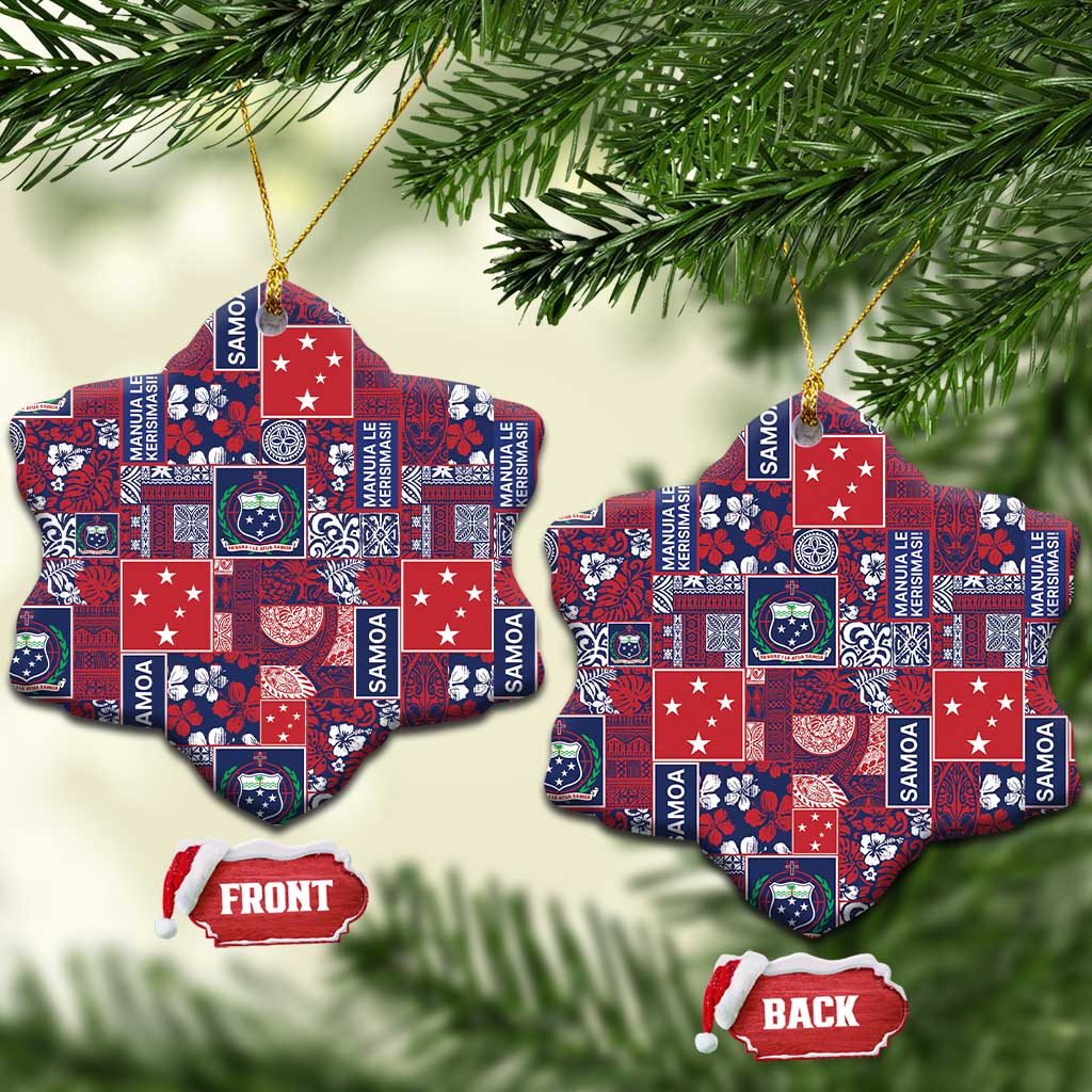 Red Samoa Manuia Le Kerisimasi Ceramic Ornament Pacific Patchwork Xmas Vibes - Polynesian Pride