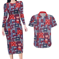 Red Samoa Manuia Le Kerisimasi Couples Matching Long Sleeve Bodycon Dress and Hawaiian Shirt Pacific Patchwork Xmas Vibes - Polynesian Pride