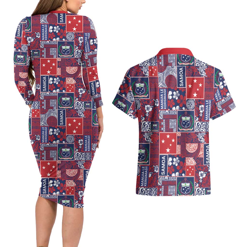 Red Samoa Manuia Le Kerisimasi Couples Matching Long Sleeve Bodycon Dress and Hawaiian Shirt Pacific Patchwork Xmas Vibes - Polynesian Pride