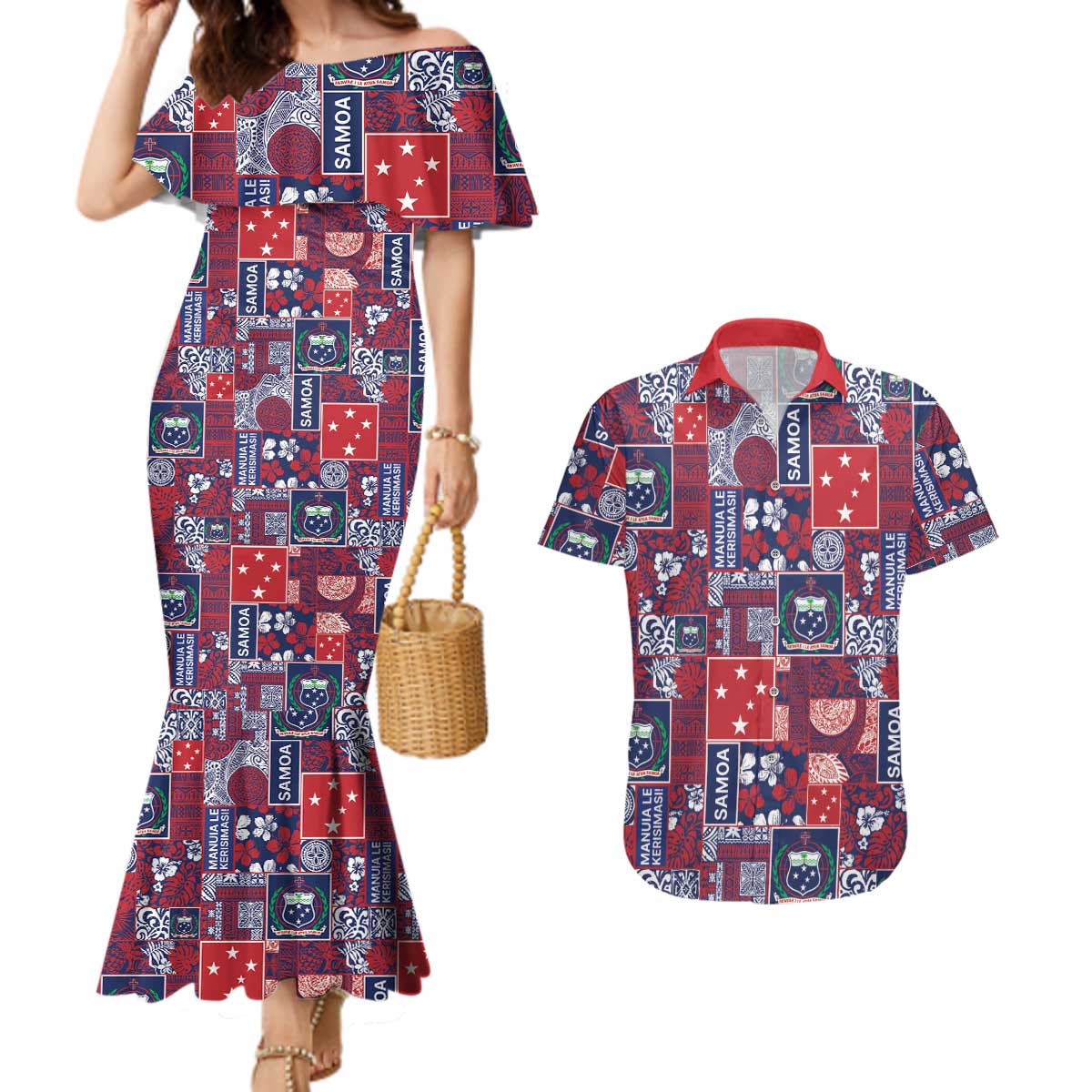 Red Samoa Manuia Le Kerisimasi Couples Matching Mermaid Dress and Hawaiian Shirt Pacific Patchwork Xmas Vibes - Polynesian Pride