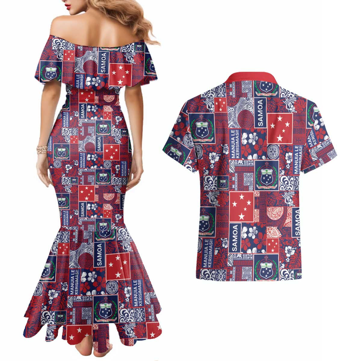 Red Samoa Manuia Le Kerisimasi Couples Matching Mermaid Dress and Hawaiian Shirt Pacific Patchwork Xmas Vibes - Polynesian Pride