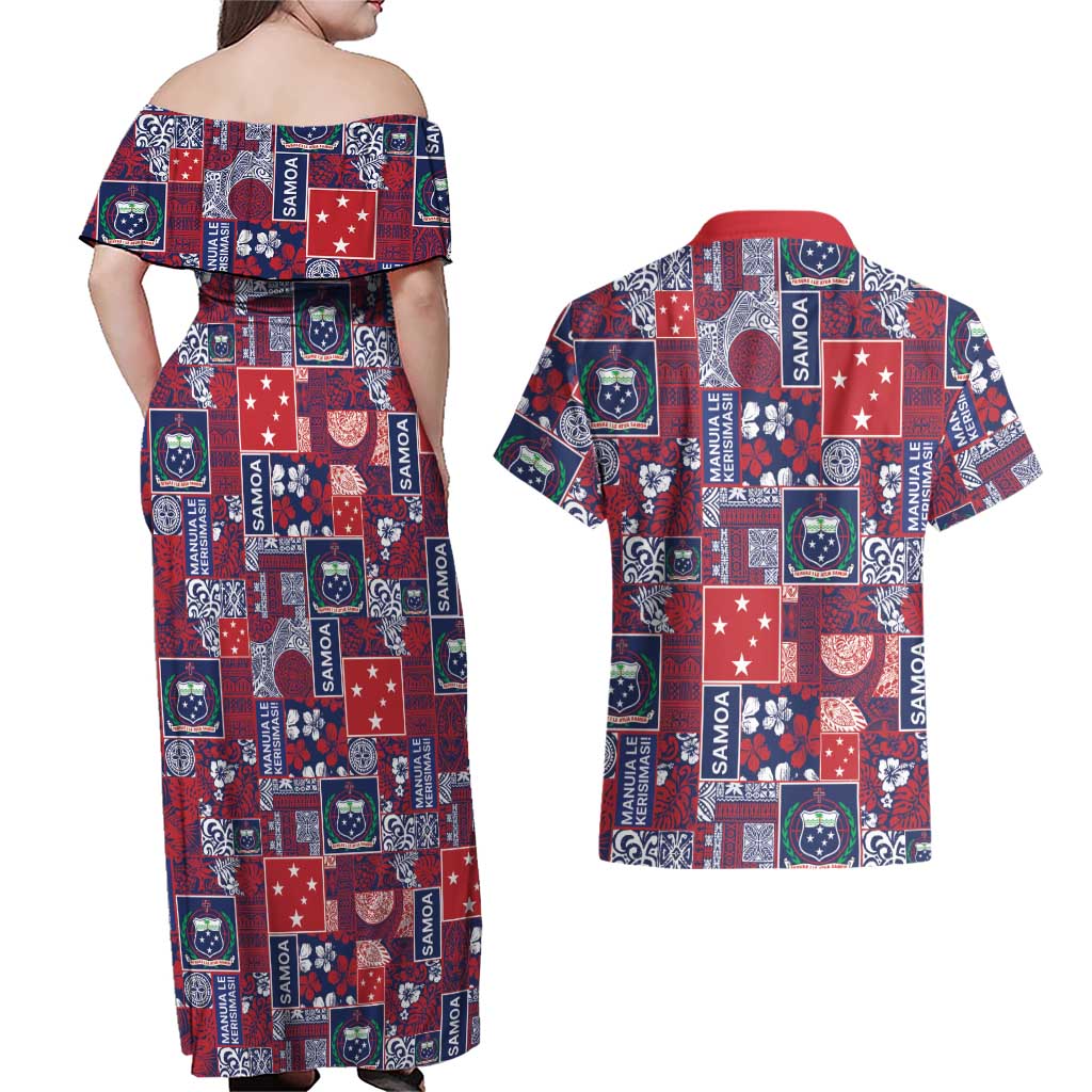 Red Samoa Manuia Le Kerisimasi Couples Matching Off Shoulder Maxi Dress and Hawaiian Shirt Pacific Patchwork Xmas Vibes - Polynesian Pride