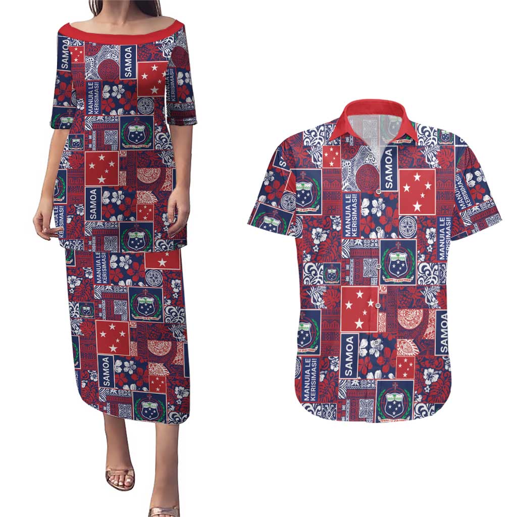 Red Samoa Manuia Le Kerisimasi Couples Matching Puletasi and Hawaiian Shirt Pacific Patchwork Xmas Vibes - Polynesian Pride