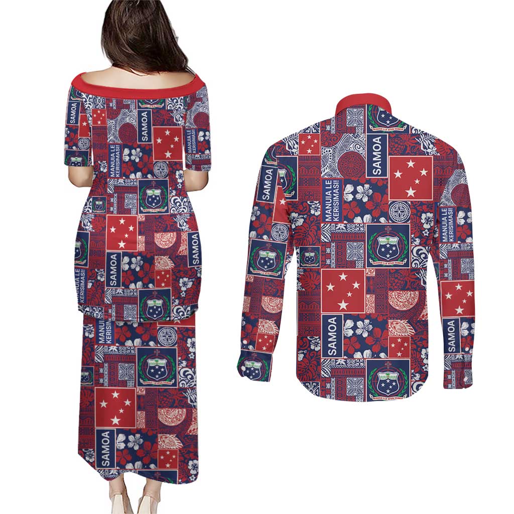 Red Samoa Manuia Le Kerisimasi Couples Matching Puletasi and Long Sleeve Button Shirt Pacific Patchwork Xmas Vibes LT9 - Polynesian Pride