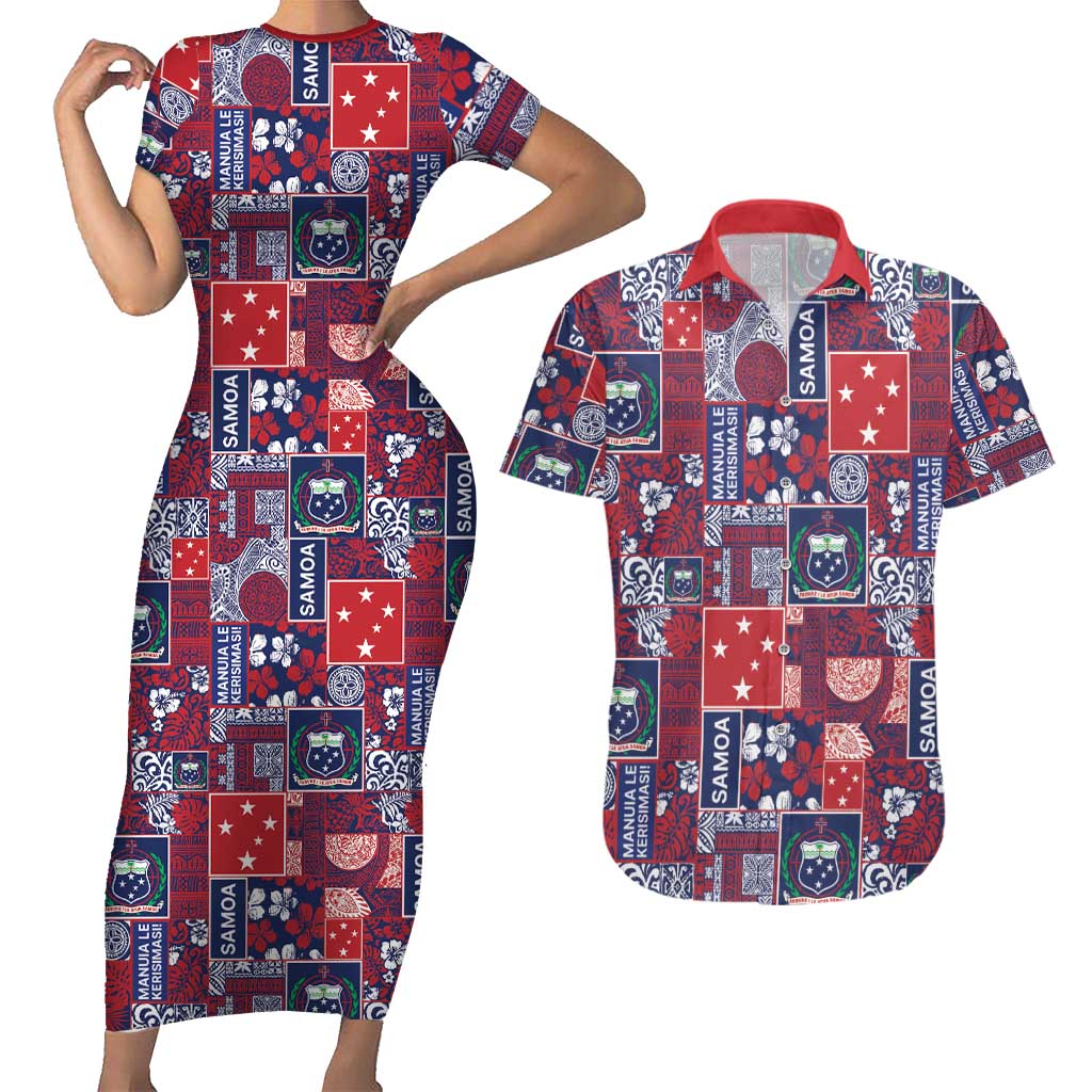 Red Samoa Manuia Le Kerisimasi Couples Matching Short Sleeve Bodycon Dress and Hawaiian Shirt Pacific Patchwork Xmas Vibes - Polynesian Pride