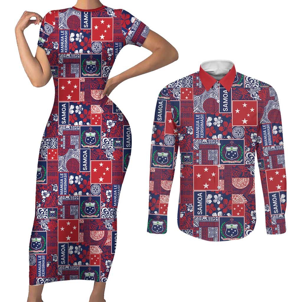Red Samoa Manuia Le Kerisimasi Couples Matching Short Sleeve Bodycon Dress and Long Sleeve Button Shirt Pacific Patchwork Xmas Vibes - Polynesian Pride