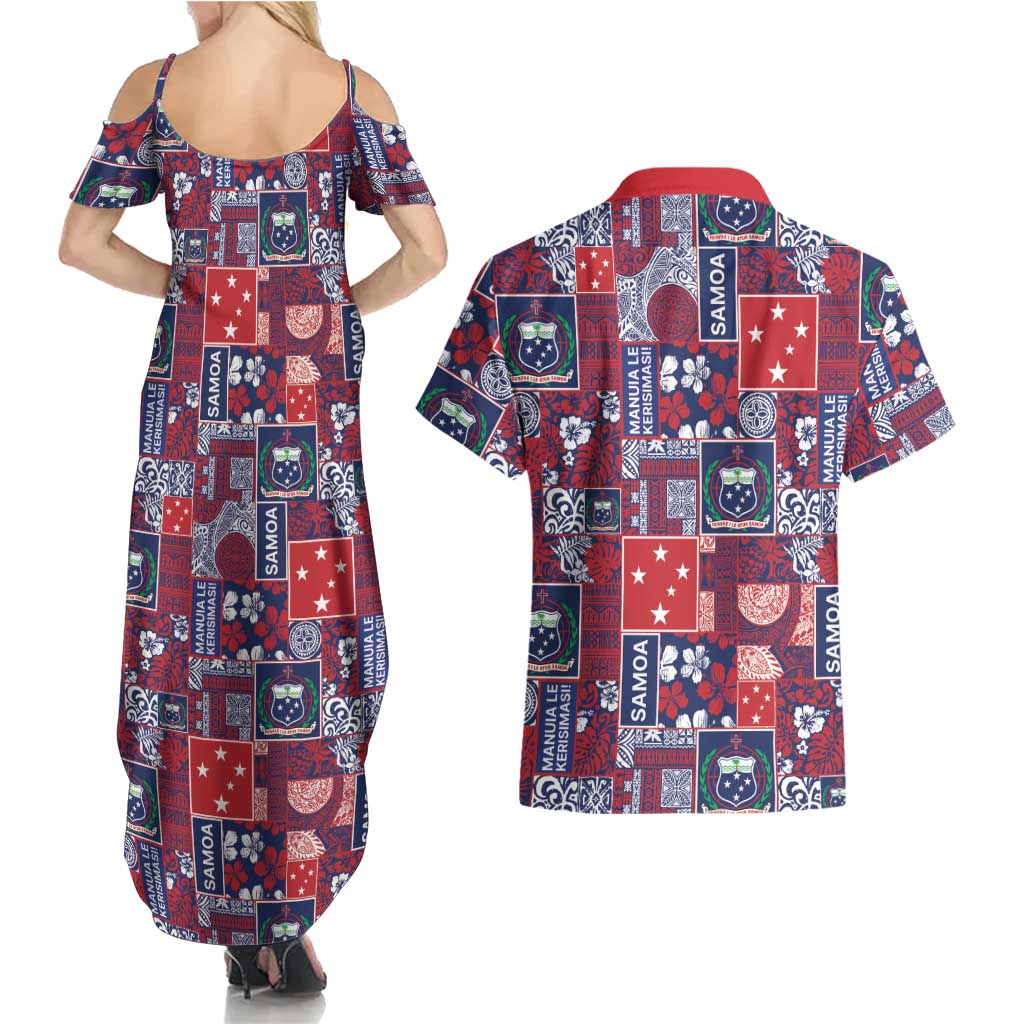 Red Samoa Manuia Le Kerisimasi Couples Matching Summer Maxi Dress and Hawaiian Shirt Pacific Patchwork Xmas Vibes - Polynesian Pride