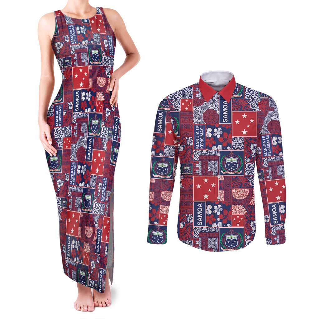 Red Samoa Manuia Le Kerisimasi Couples Matching Tank Maxi Dress and Long Sleeve Button Shirt Pacific Patchwork Xmas Vibes - Polynesian Pride
