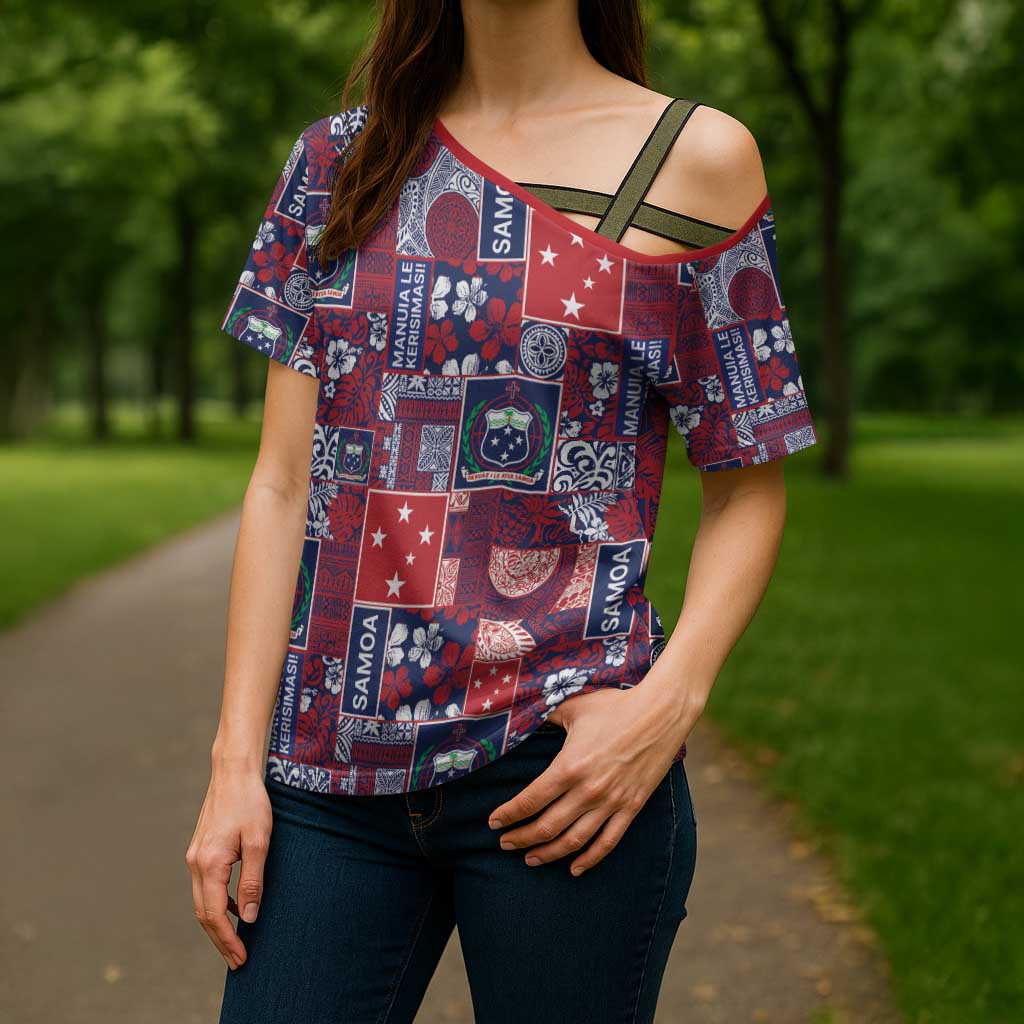 Red Samoa Manuia Le Kerisimasi Cross Shoulder Shirt Pacific Patchwork Xmas Vibes - Polynesian Pride