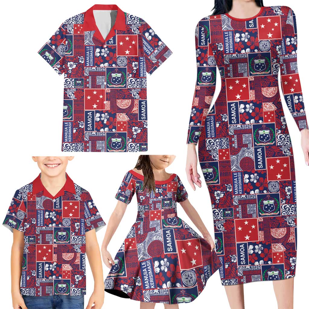 Red Samoa Manuia Le Kerisimasi Family Matching Long Sleeve Bodycon Dress and Hawaiian Shirt Pacific Patchwork Xmas Vibes - Polynesian Pride