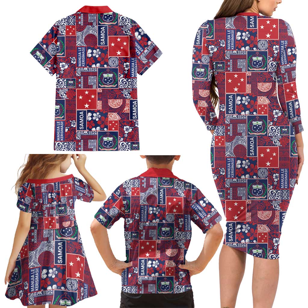 Red Samoa Manuia Le Kerisimasi Family Matching Long Sleeve Bodycon Dress and Hawaiian Shirt Pacific Patchwork Xmas Vibes - Polynesian Pride