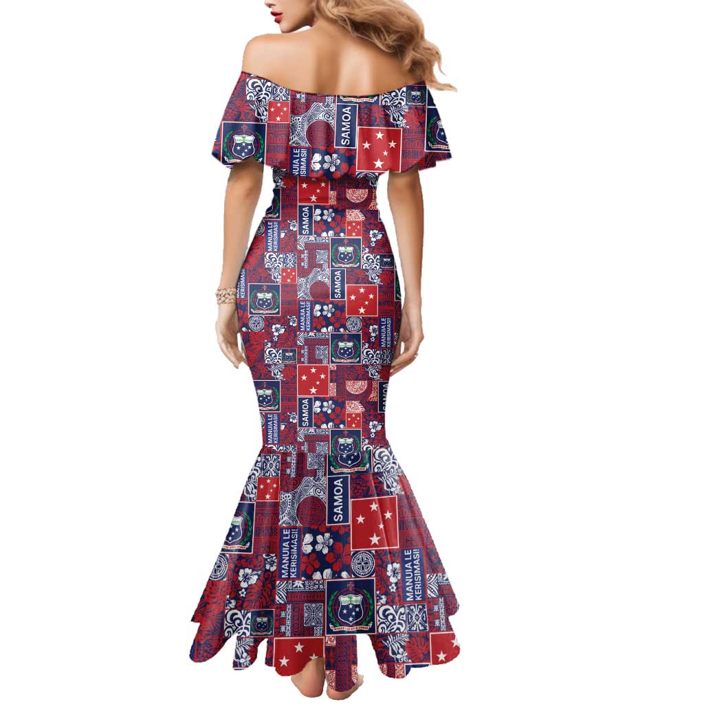 Red Samoa Manuia Le Kerisimasi Family Matching Mermaid Dress and Hawaiian Shirt Pacific Patchwork Xmas Vibes - Polynesian Pride