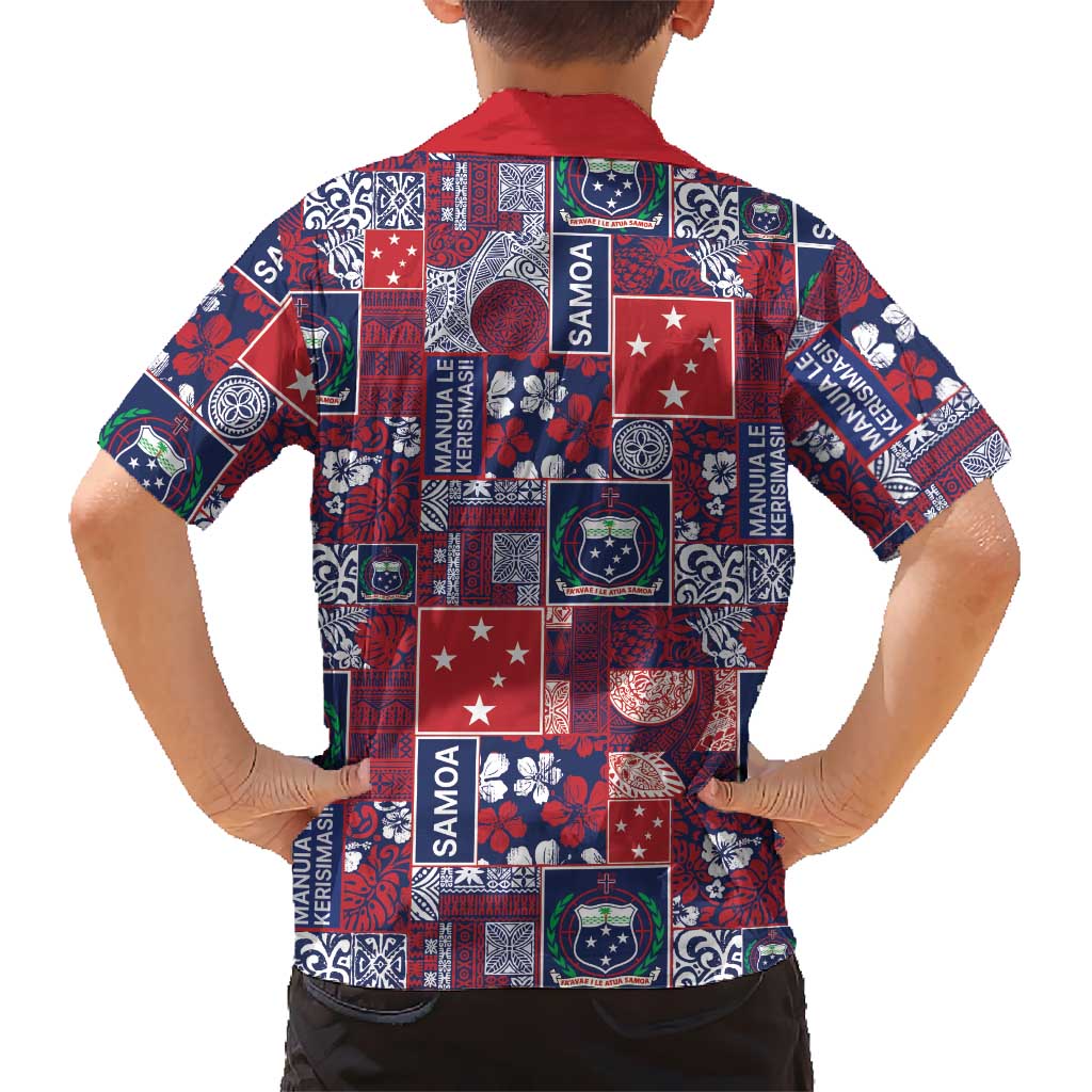 Red Samoa Manuia Le Kerisimasi Family Matching Off The Shoulder Long Sleeve Dress and Hawaiian Shirt Pacific Patchwork Xmas Vibes - Polynesian Pride