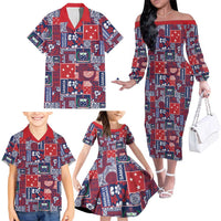 Red Samoa Manuia Le Kerisimasi Family Matching Off The Shoulder Long Sleeve Dress and Hawaiian Shirt Pacific Patchwork Xmas Vibes - Polynesian Pride