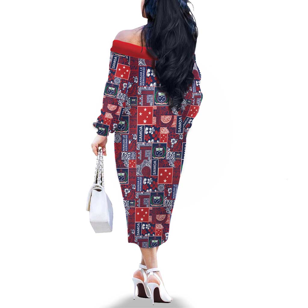 Red Samoa Manuia Le Kerisimasi Family Matching Off The Shoulder Long Sleeve Dress and Hawaiian Shirt Pacific Patchwork Xmas Vibes - Polynesian Pride